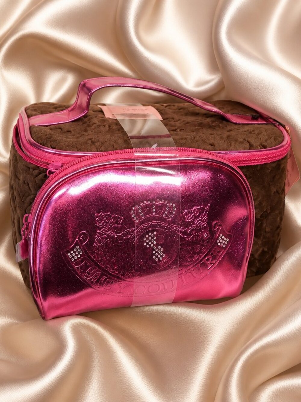 Juicy Couture Brown Velour & Hot Pink Cosmetic Train Case Set | Y2K Glam Travel